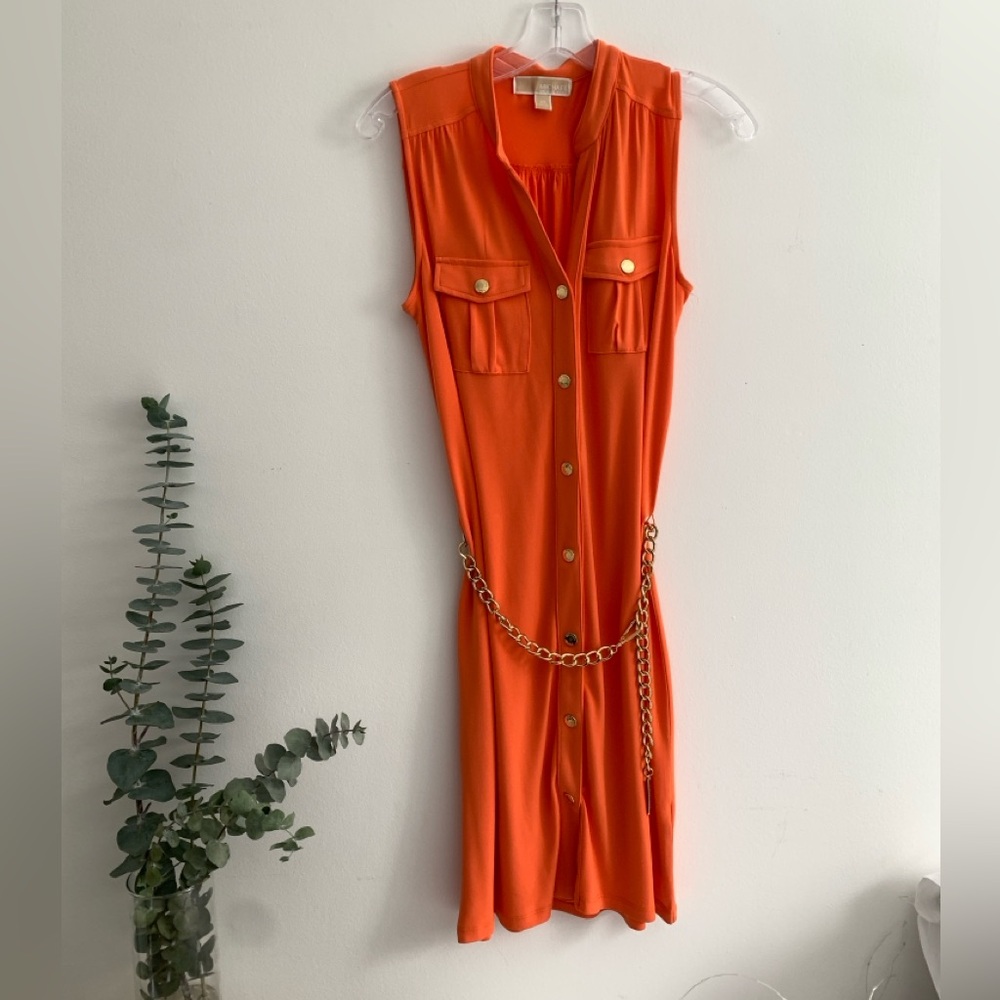 Michael Kors Orange Midi Dress with Gold Chain